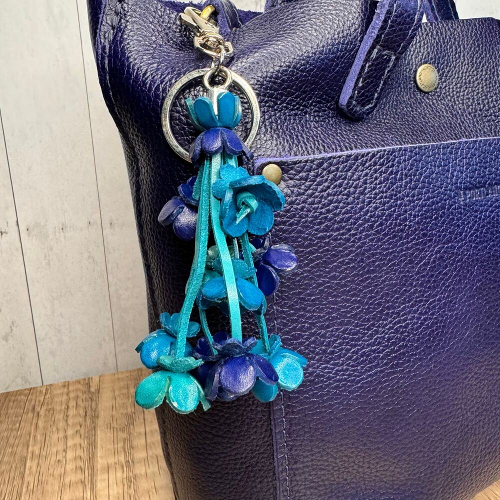 Accessory Purse Charm Genuine Leather Bag Charm Blue Flower Bouquet FAST SHIP